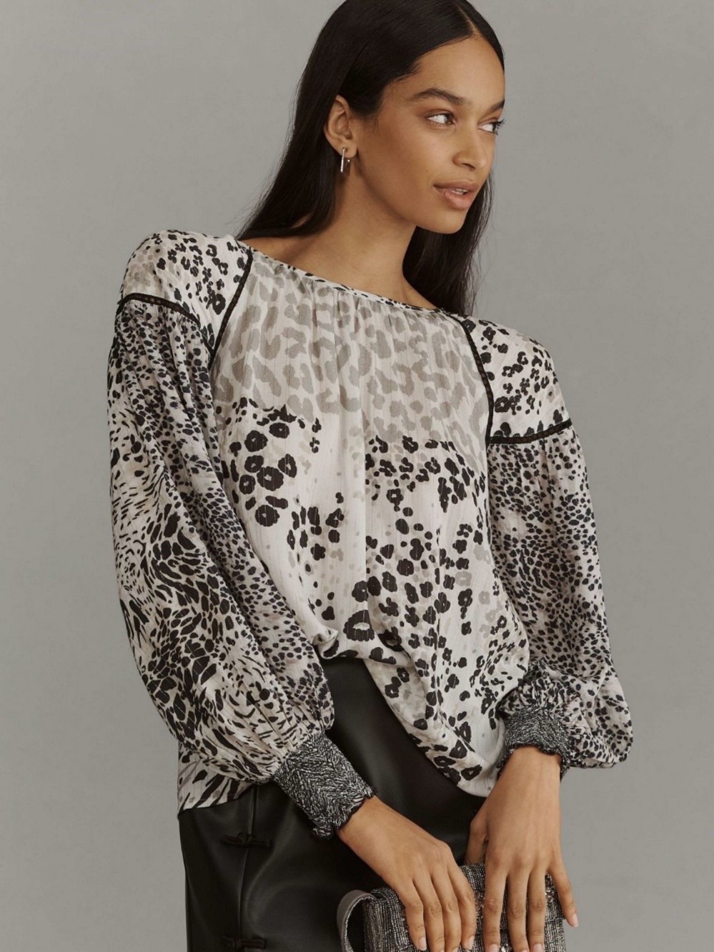 Anthropologie Black & White Mixed-Print Peasant Blouse